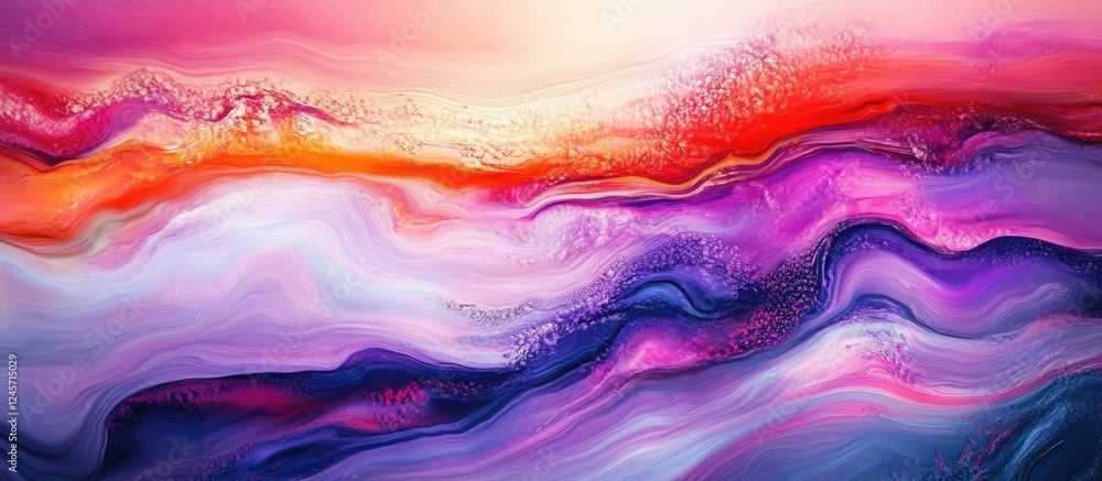 Vibrant abstract painting showcasing dynamic textures with deep purple, pink, orange, and subtle white waves creating visual depth and movement. Vibrant abstract painting showcasing dynamic textures with deep purple, pink, orange, and subtle white waves creating visual depth and movement.