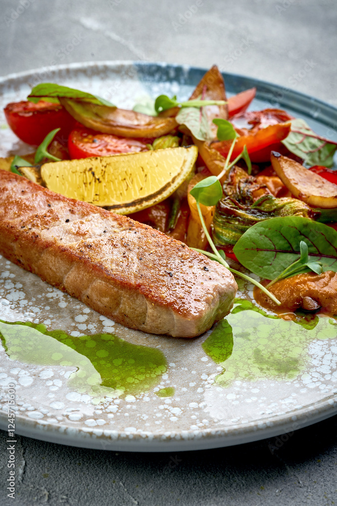A close-up of a grilled salmon, showcasing the tender texture of the meat and the crispy exterior. The dish is served with roasted vegetables, creating a delightful contrast of textures A close-up of a grilled salmon, showcasing the tender texture of the meat and the crispy exterior. The dish is served with roasted vegetables, creating a delightful contrast of textures