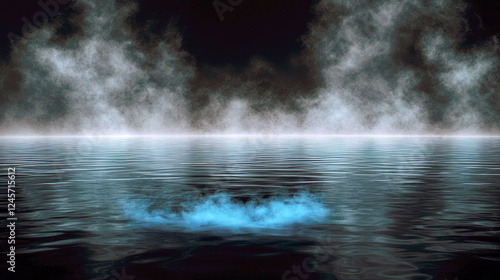 Enigmatic Blue Water: A Mesmerizing Night Scene with Smoke and Fog