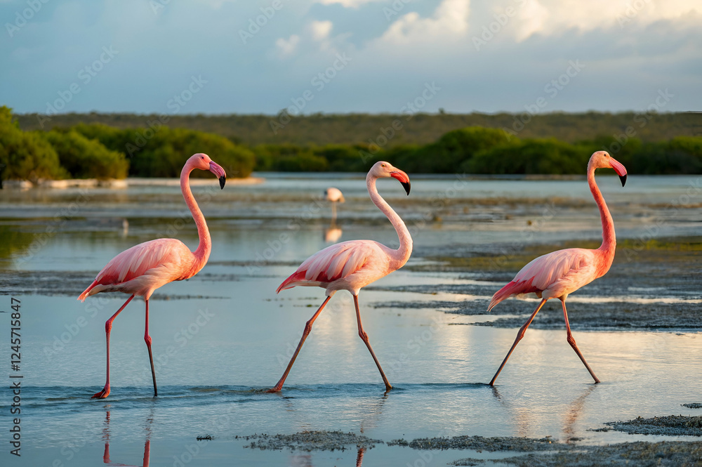 Three pink flamingos walk gracefully along a serene waterway, surrounded by lush greenery and a clear sky. Three pink flamingos walk gracefully along a serene waterway, surrounded by lush greenery and a clear sky.