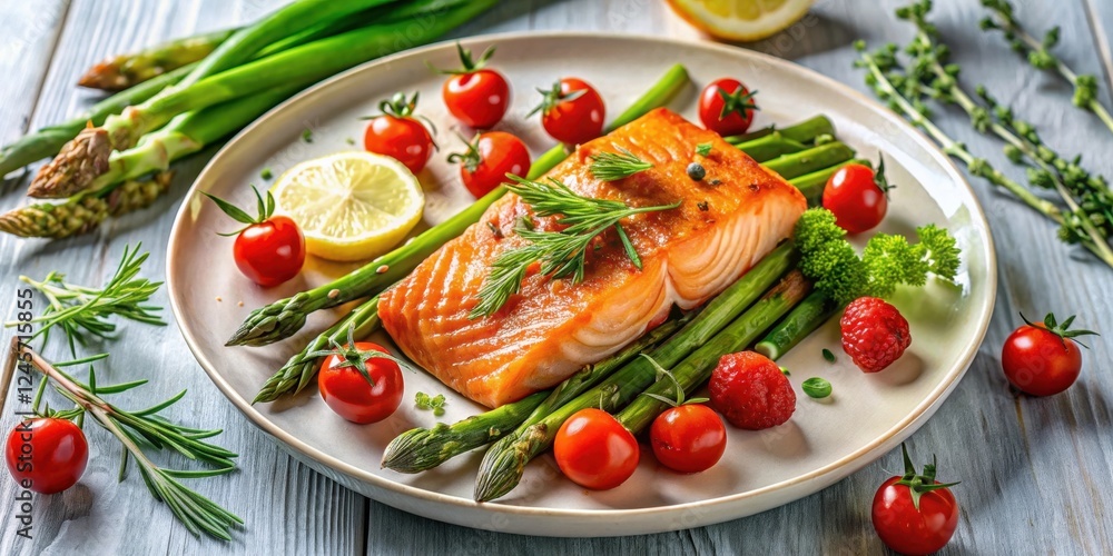 Aromatic Baked Salmon Fillet with Roasted Asparagus and Summer Berries on a Rustic Plate Aromatic Baked Salmon Fillet with Roasted Asparagus and Summer Berries on a Rustic Plate