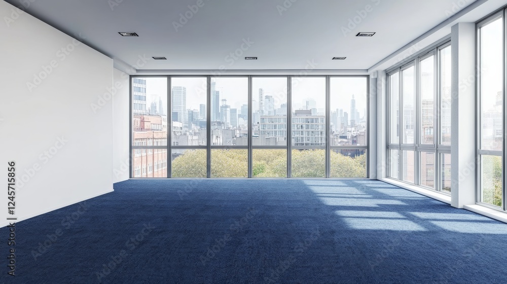 Fototapeta premium Modern open space office interior with large windows overlooking the city, featuring a blank wall for mockup, blue carpet, and contemporary furniture. Concept of coworking space.