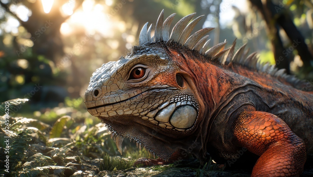 Fototapeta premium Colorful iguana basking in tropical sunlight 