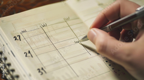 A hand writing goals in a planner, emphasizing organization and planning for success in personal and professional life.