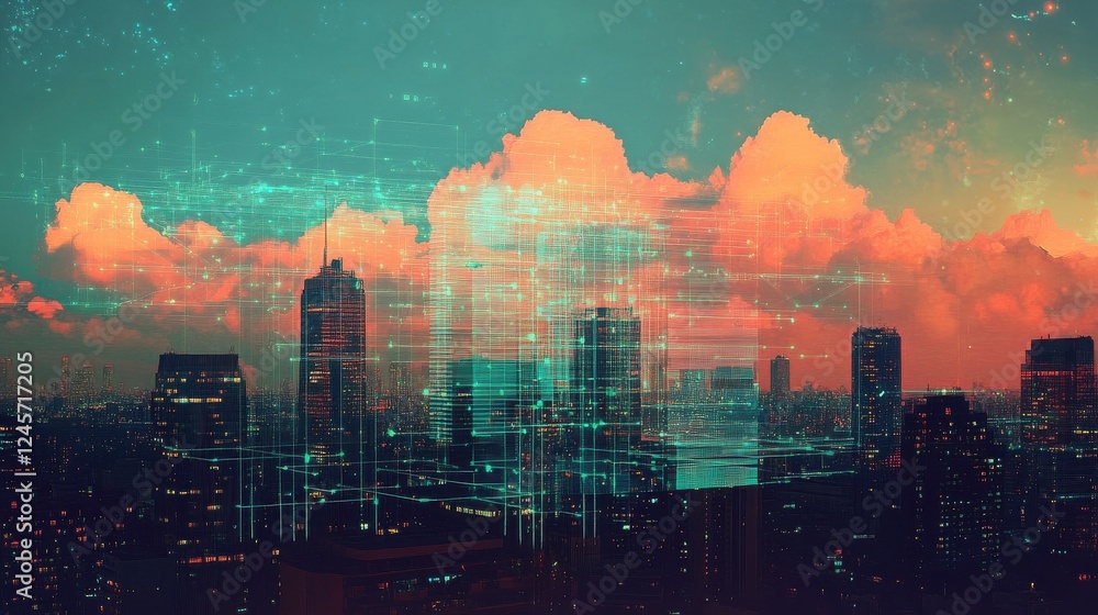 Fototapeta premium Abstract Cityscape with Digital Vibes and Colorful Clouds at Dusk