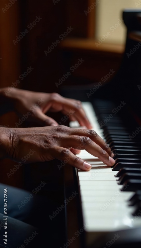 Fototapeta premium Dark-skinned hands on ivory keys, soulful expression, harmony, passion, expression