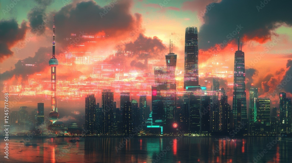 Fototapeta premium Vibrant City Skyline at Sunset with Digital Overlay Effect