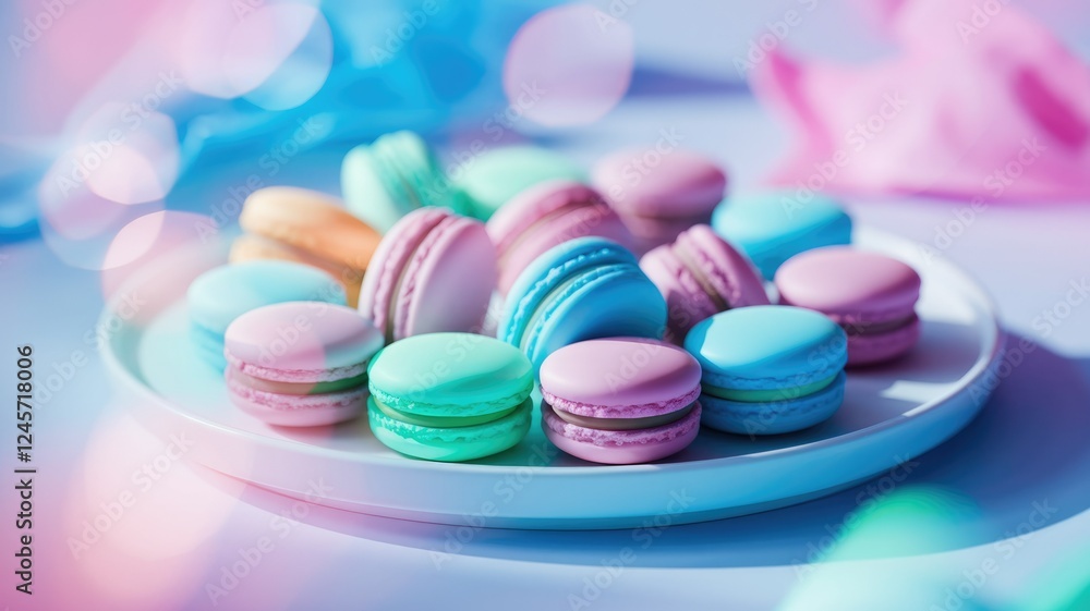 Obraz premium A plate of colorful pastel macarons, a delightful French treat.
