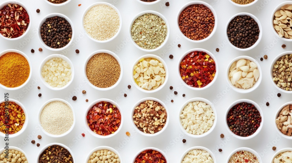 A wide variety of global spices, like chili flakes, garlic powder, and fenugreek, arranged in bowls and scattered on a white surface A wide variety of global spices, like chili flakes, garlic powder, and fenugreek, arranged in bowls and scattered on a white surface