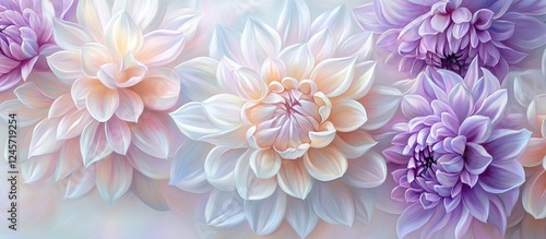 Vibrant close-up of white dahlias and lilac chrysanthemums with delicate morning dew droplets, creating a serene floral backdrop in soft pastel tones.
