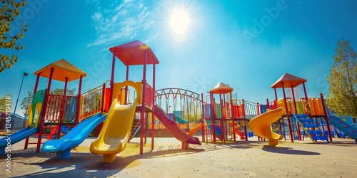 Wallpaper Mural Colorful playground with slides and climbing structures under a bright blue sky and sunlight, surrounded by trees and open space Torontodigital.ca