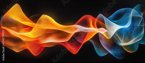 Vibrant fluid light trails in orange, red, blue, and white create dynamic movement against a black background showcasing energy and motion. photo