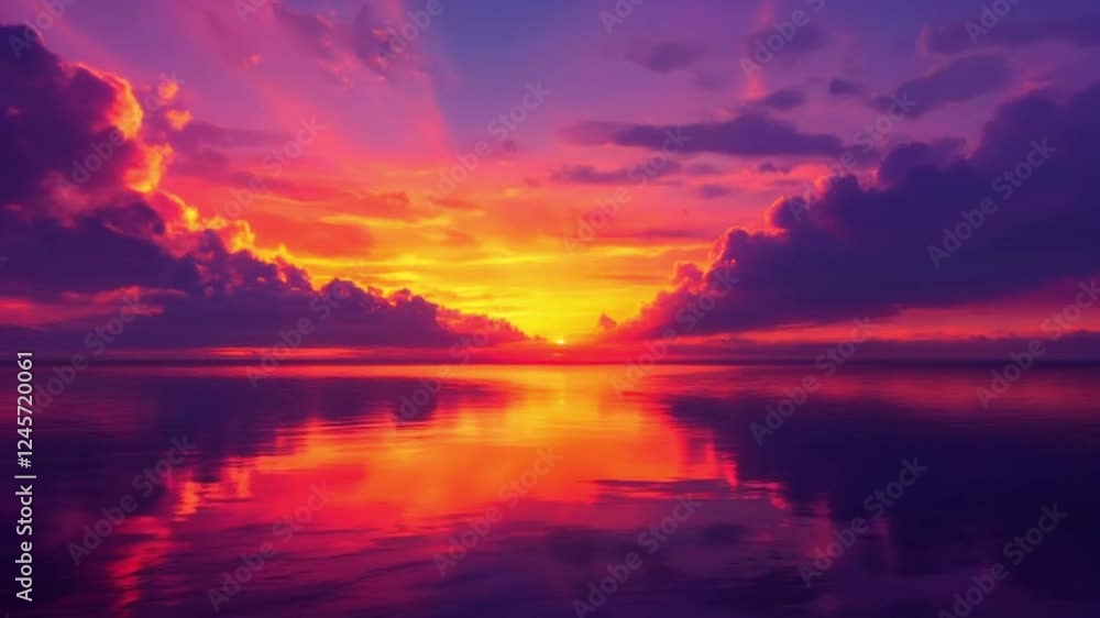 Vibrant Sunset over Calm Ocean: A Serene and Colorful Vista Vibrant Sunset over Calm Ocean: A Serene and Colorful Vista