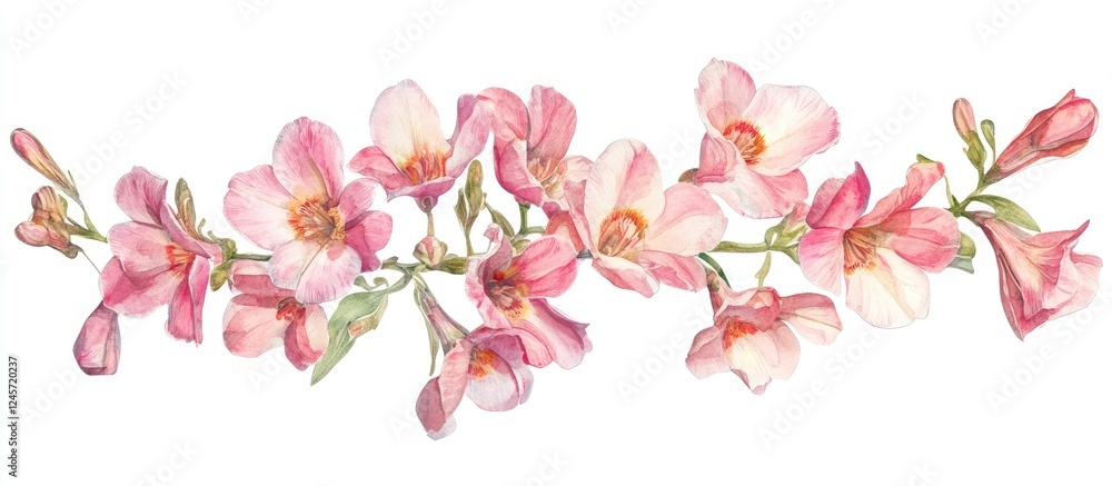 Delicate pink freesia flowers in varying shades arranged elegantly against a clean white background creating a serene and fresh floral display. Delicate pink freesia flowers in varying shades arranged elegantly against a clean white background creating a serene and fresh floral display.