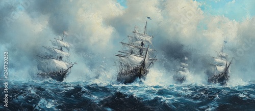 Naval battle oil painting showcasing ships amidst turbulent seas with dark blue waves and light grey clouds reflecting struggle and conflict.