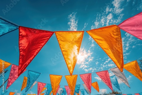 Summer festival celebration with colorful bunting flags and bright blue sky at outdoor event photo