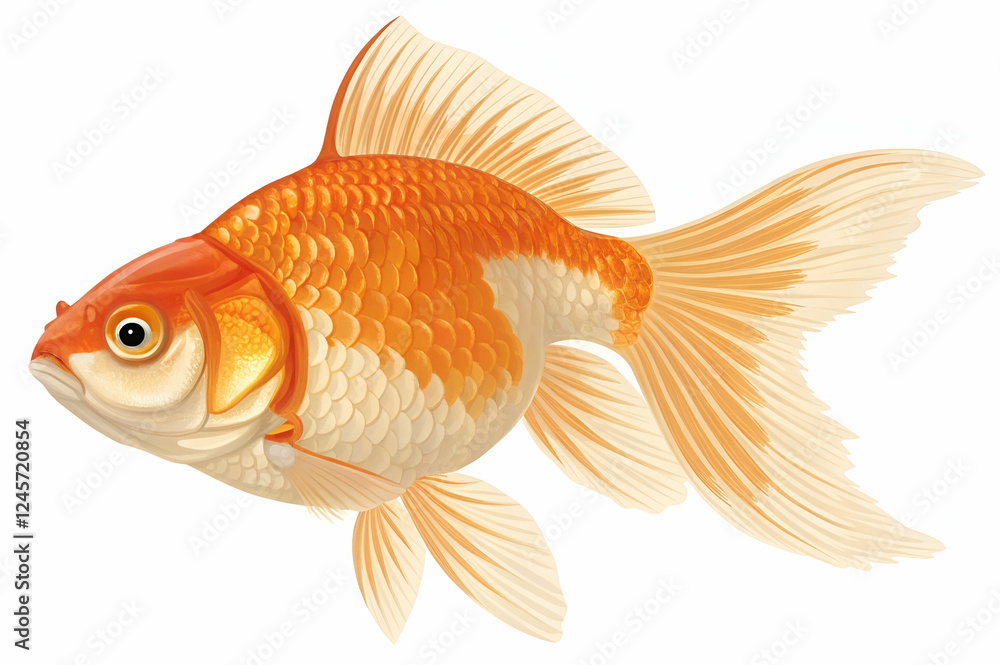 A vibrant goldfish with a golden-orange hue and flowing fins, swimming gracefully, showcasing its beauty in aquatic environments. A vibrant goldfish with a golden-orange hue and flowing fins, swimming gracefully, showcasing its beauty in aquatic environments.