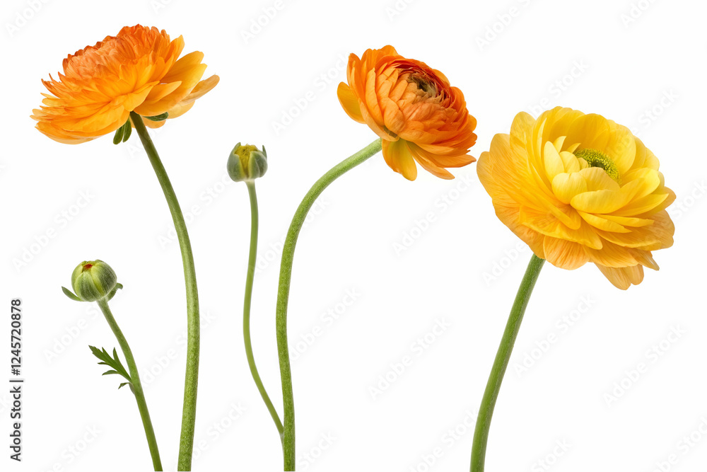 Obraz premium Brightly colored ranunculus flowers in orange and yellow, showcasing their layered petals and graceful stems against a white background.