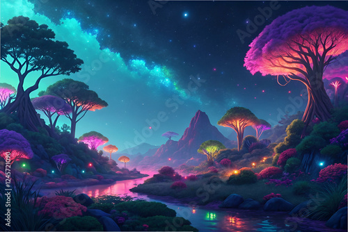 A vibrant, surreal landscape featuring glowing trees, a reflective river, and a starry sky, creating a mystical and enchanting atmosphere.