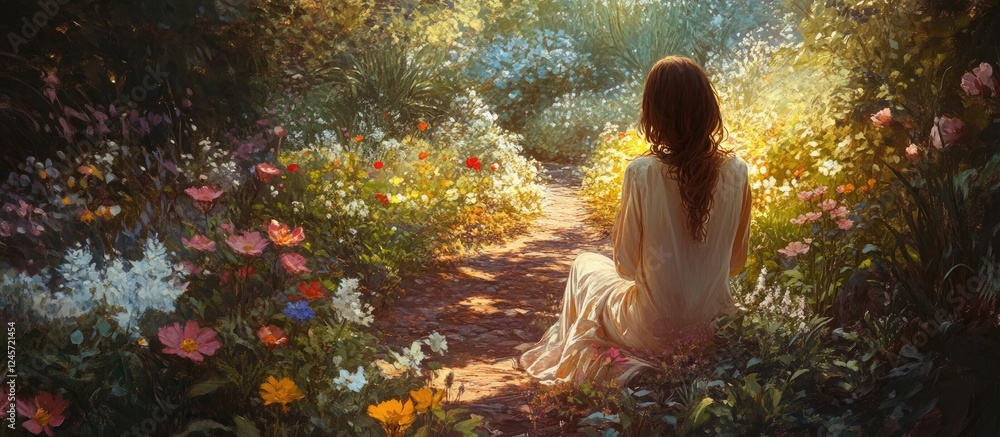 Serene portrait of a woman in a white dress sitting among vibrant blooming flowers in a lush garden, bathed in soft golden sunlight. Serene portrait of a woman in a white dress sitting among vibrant blooming flowers in a lush garden, bathed in soft golden sunlight.