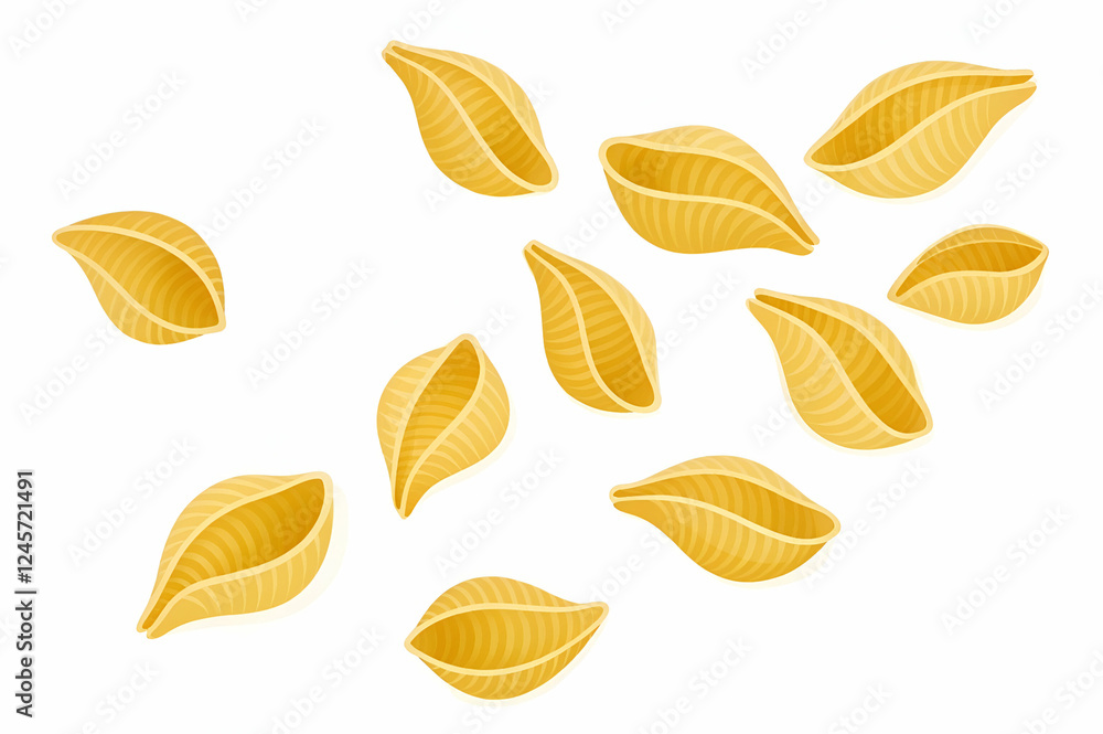 A collection of yellow pasta shells scattered on a white background, showcasing their unique shape and texture. A collection of yellow pasta shells scattered on a white background, showcasing their unique shape and texture.