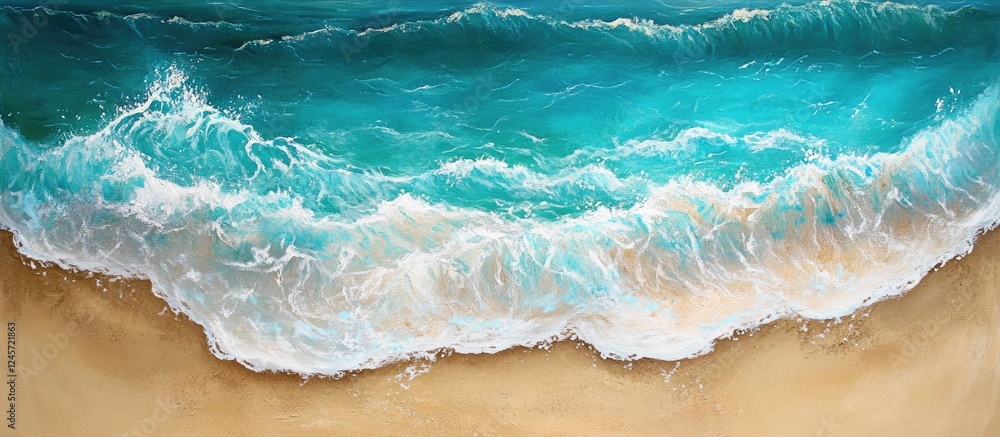 Turquoise waves gently lap at a sandy beach with a soft gradient of blue and white foam creating a serene coastal atmosphere and inviting escape. Turquoise waves gently lap at a sandy beach with a soft gradient of blue and white foam creating a serene coastal atmosphere and inviting escape.