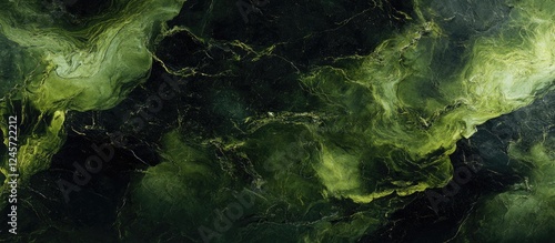 Abstract marble texture featuring deep green and rich black swirling patterns with a glossy finish creating a vibrant and captivating visual effect.