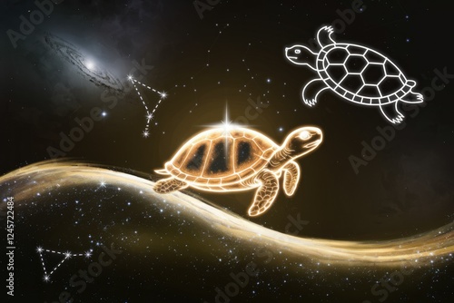 Glowing turtles in space, representing constellations, cosmic wonder, celestial turtles. photo