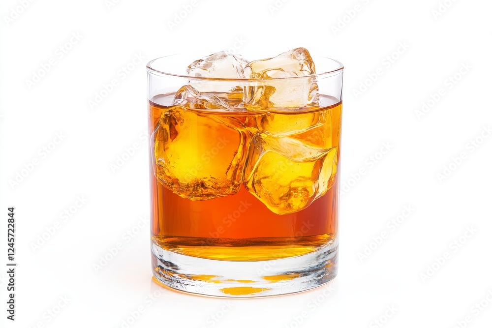 Iced whiskey rocks glass, studio shot, white background, beverage Iced whiskey rocks glass, studio shot, white background, beverage