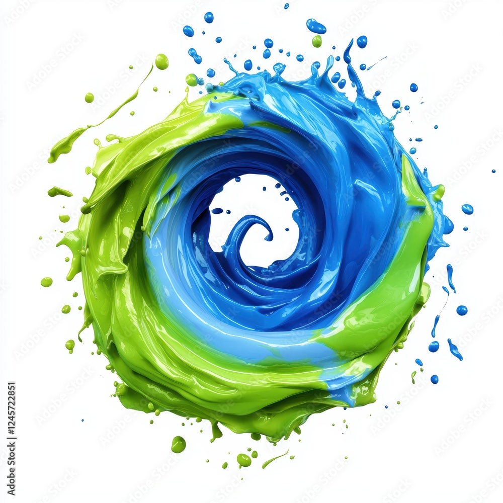Fototapeta premium Electric chartreuse and royal blue paint burst forming a spiral, isolated on white