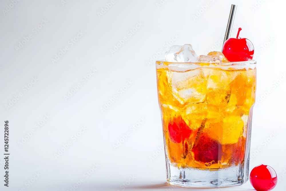 Iced whiskey cocktail, cherries, studio, white background, menu Iced whiskey cocktail, cherries, studio, white background, menu