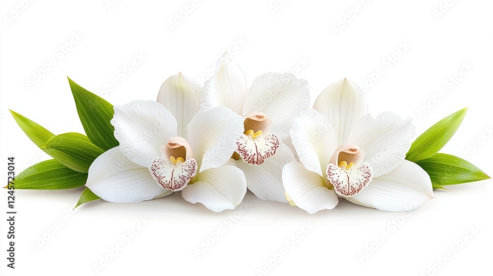 White orchids arrangement, leaves, isolated, white background, spa White orchids arrangement, leaves, isolated, white background, spa