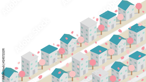 コピースペースのあるアイソメトリックな桜の花びらが舞う桜の木のある住宅街のイメージ素材