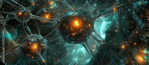 Abstract illustration of interconnected glowing neurons in teal and orange hues, showcasing intricate patterns and luminous spheres in a dark background. photo