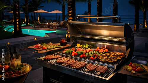 Luxury Outdoor Grill at Night with Tropical View