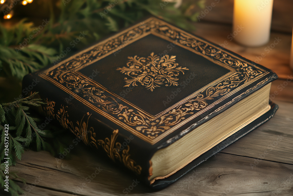 Fototapeta premium Closed Holy Bible with gold detailing on wooden surface