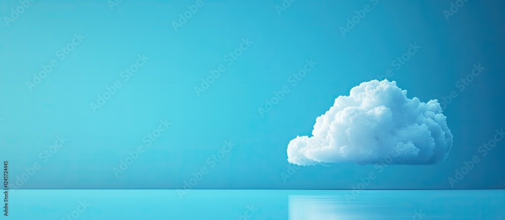 Serene landscape with a single fluffy white cloud against a vibrant turquoise sky reflecting on calm water creating a tranquil atmosphere Serene landscape with a single fluffy white cloud against a vibrant turquoise sky reflecting on calm water creating a tranquil atmosphere