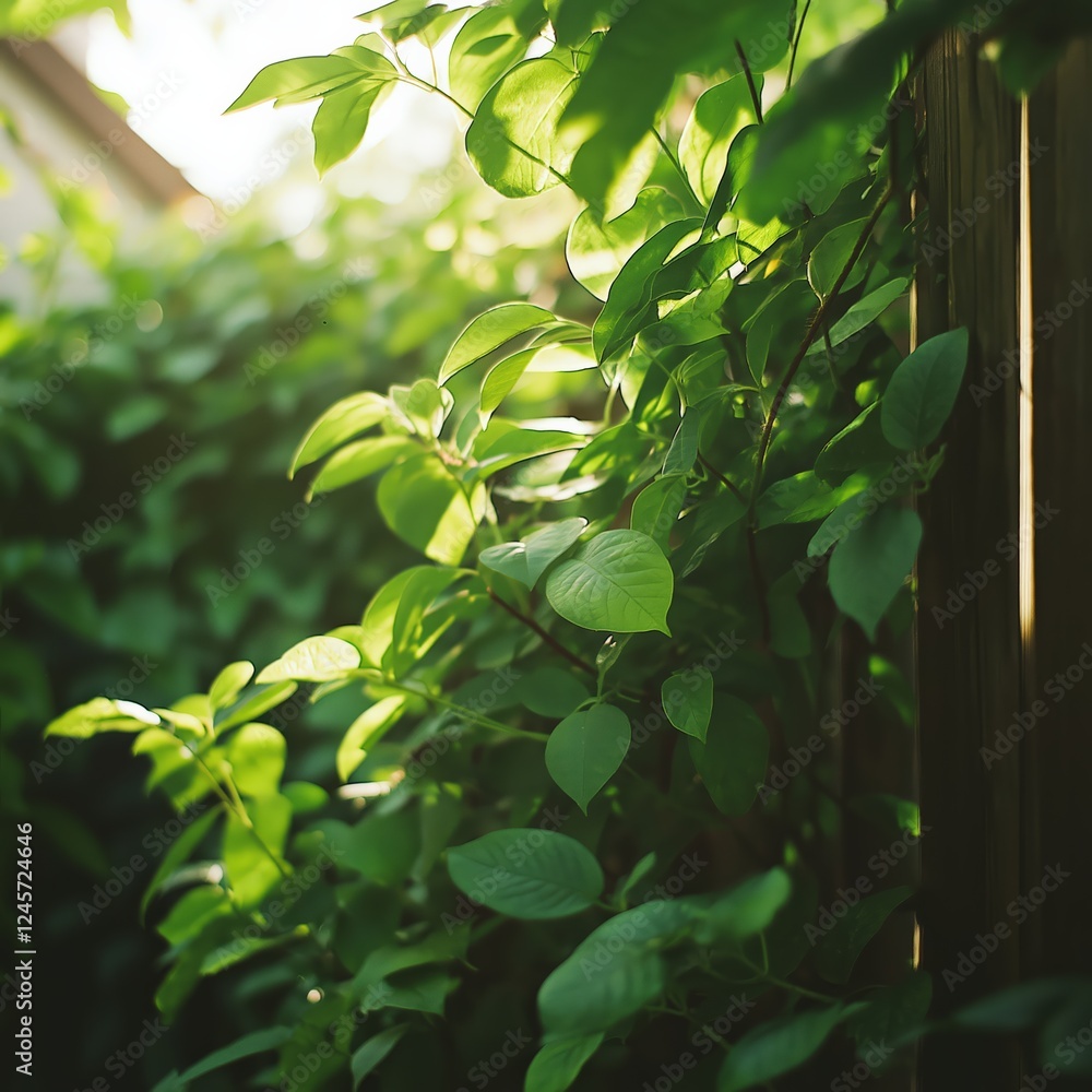 Sunlight Dappled Green Leaves On Wooden Fence Sunlight Dappled Green Leaves On Wooden Fence