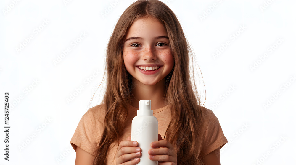 portrait of a happy, smiling girl holding a bottle of cream, radiating joy and freshness, Cut out on a transparent background portrait of a happy, smiling girl holding a bottle of cream, radiating joy and freshness, Cut out on a transparent background