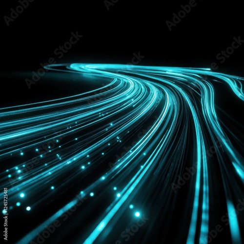 Abstract blue lines background with glowing cyan streaks on a black backdrop for a cyberpunk aesthetic