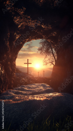 3D rendering of empty tomb with shroud and distant crosses at sunrise for Easter