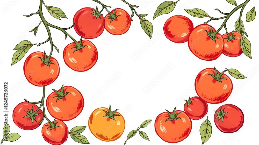 Hand-drawn illustration of tomatoes with a colored vector design template for organic food, featuring a healthy food frame for a farm market concept, illustration, hand drawn, concept Hand-drawn illustration of tomatoes with a colored vector design template for organic food, featuring a healthy food frame for a farm market concept, illustration, hand drawn, concept