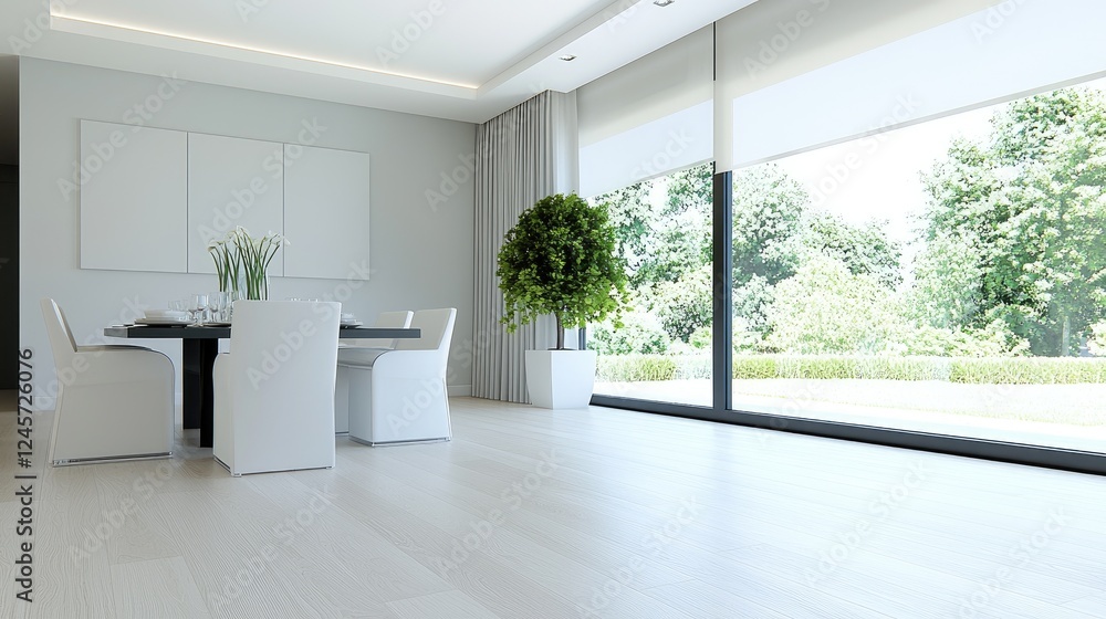 Modern dining room with garden view, sunlight, minimalist design, for home decor inspiration Modern dining room with garden view, sunlight, minimalist design, for home decor inspiration