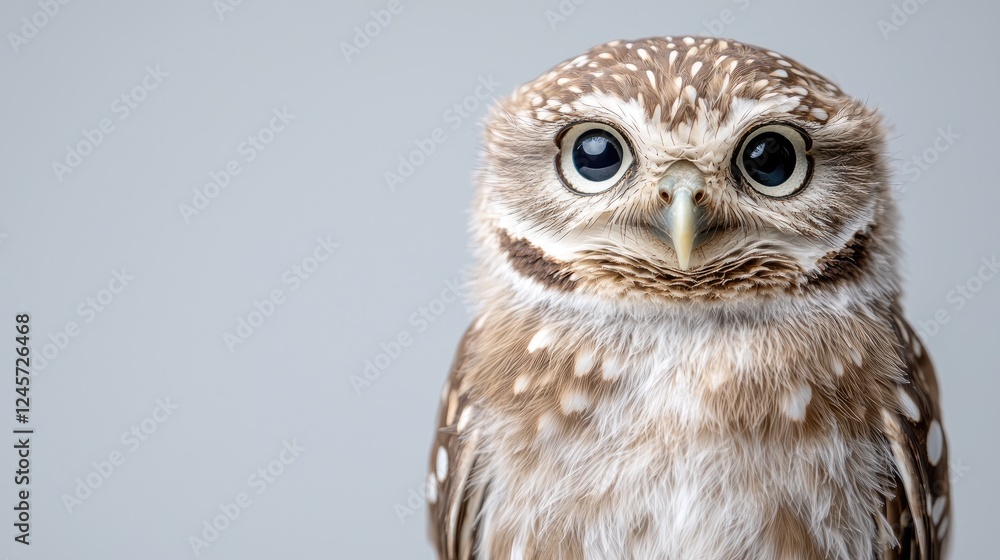 Naklejka premium Curious owl portrait, studio shot, grey background, wildlife, educational use