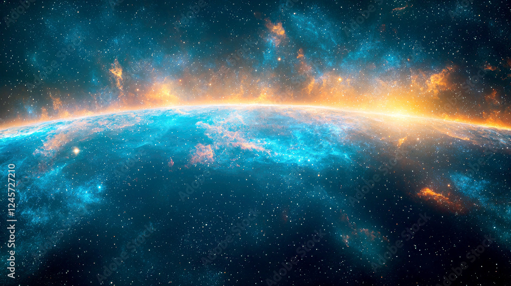 Fototapeta premium Cosmic Canvas: A breathtaking view of a vibrant nebula surrounding a planet, showcasing the beauty and vastness of the universe.