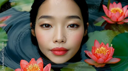 Serene woman surrounded by pink lotus flowers in a tranquil pond at sunset