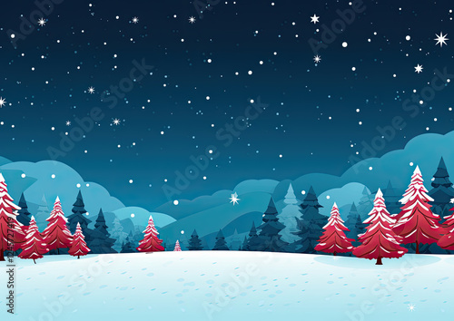 Serene Winter Night Landscape with Snow Covered Mountains and Red Pine Trees