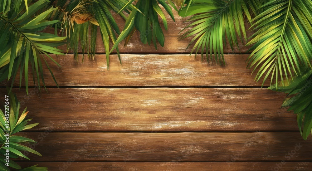 Vector image of a brown wooden background with palm leaves at the top. Vector image of a brown wooden background with palm leaves at the top.