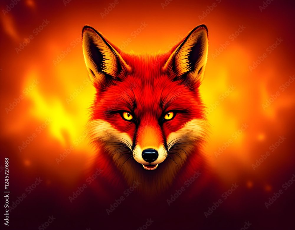 Fototapeta premium a red fox with vibrant fur and piercing yellow eyes on a fiery orange background