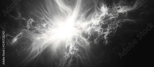 Energetic plasma discharge illuminated in bright white and swirling shades of gray against a dark grayscale backdrop showcasing the essence of plasma physics